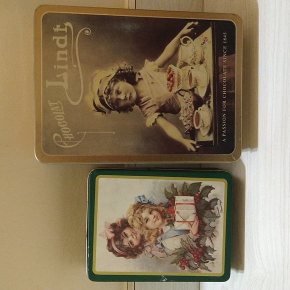 Vintage 2 RARE Chocolat Lindt & The Tinsmith's Craft Tin Storage Cans - Picture 1 of 9